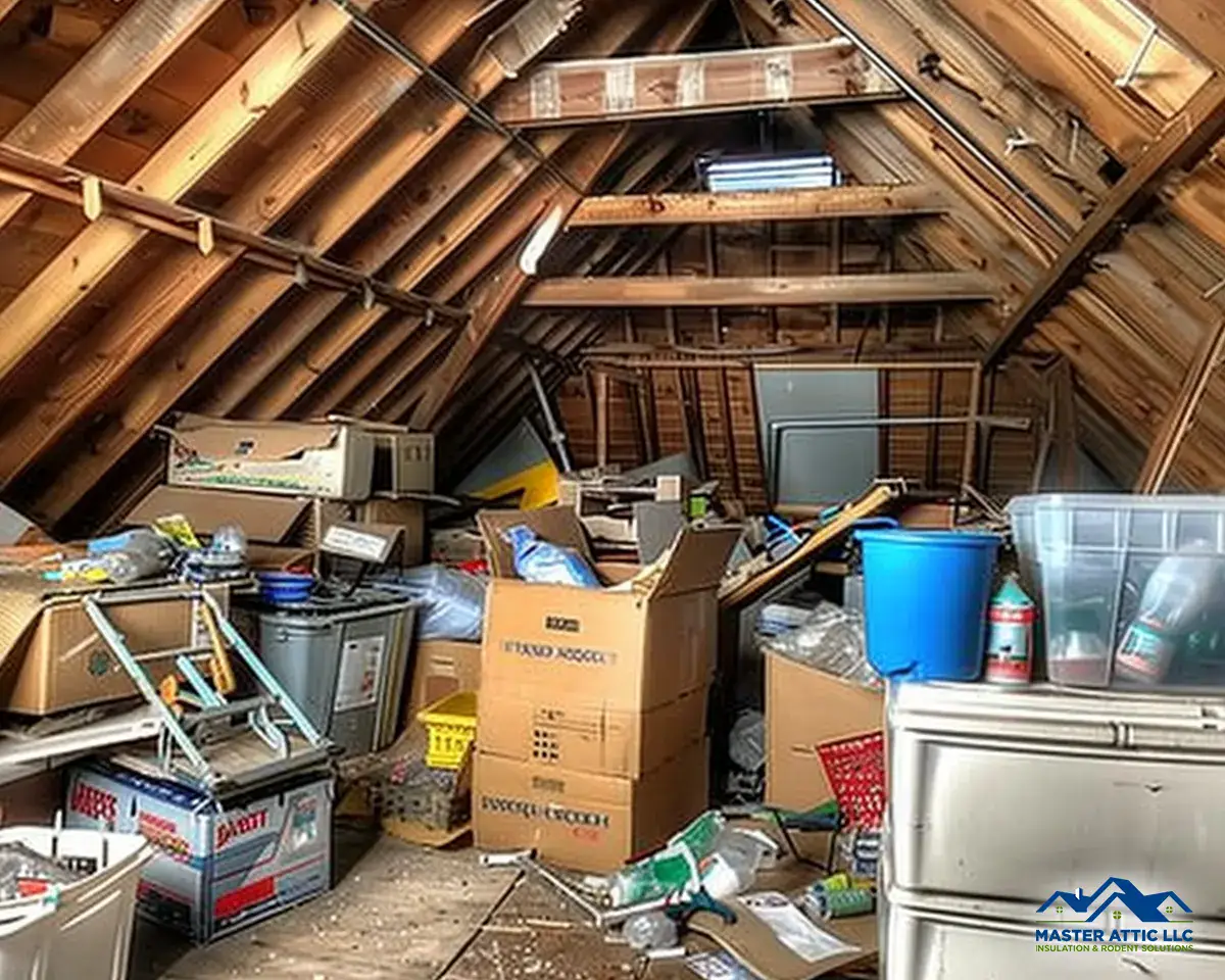 Cluttered attic space filled with boxes, bins, and household items, ready for cleaning and organizat.