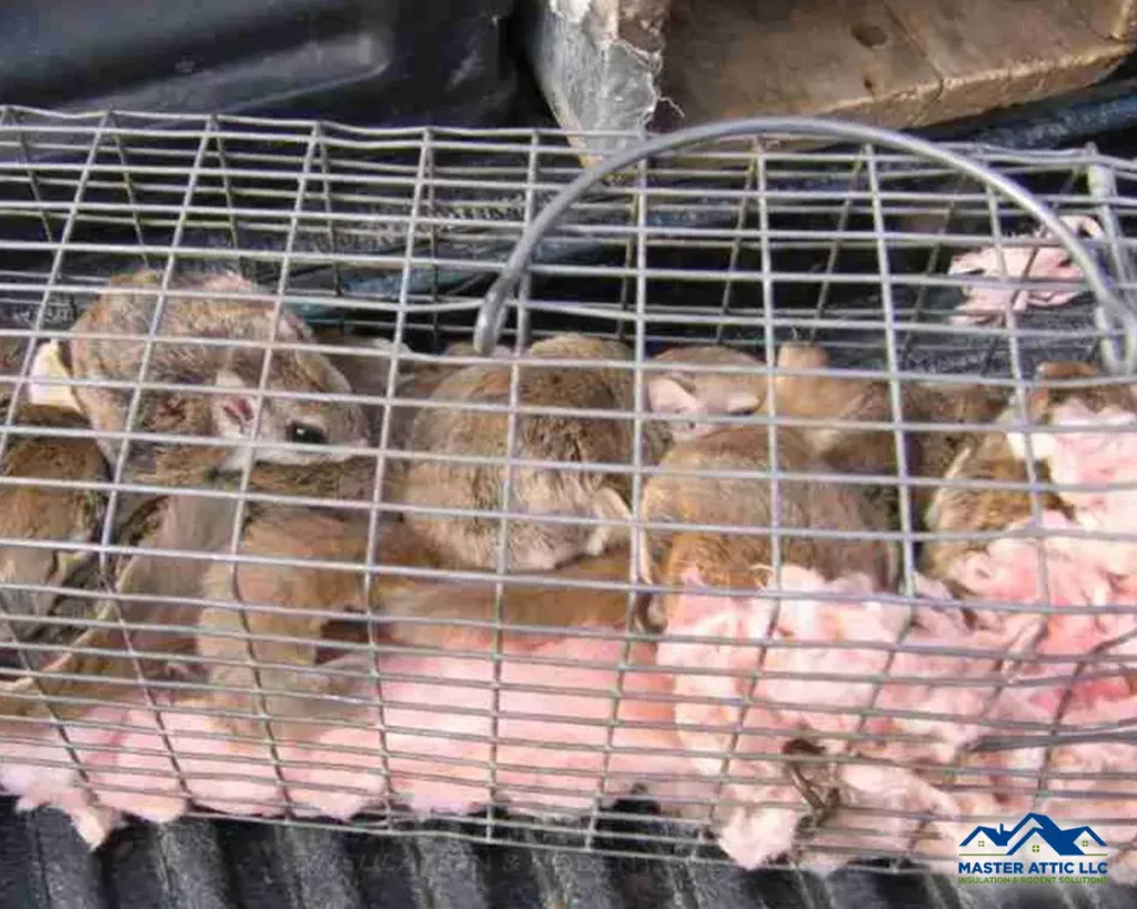 Trapped flying squirrels and mice in attic cage for removal and relocation.
