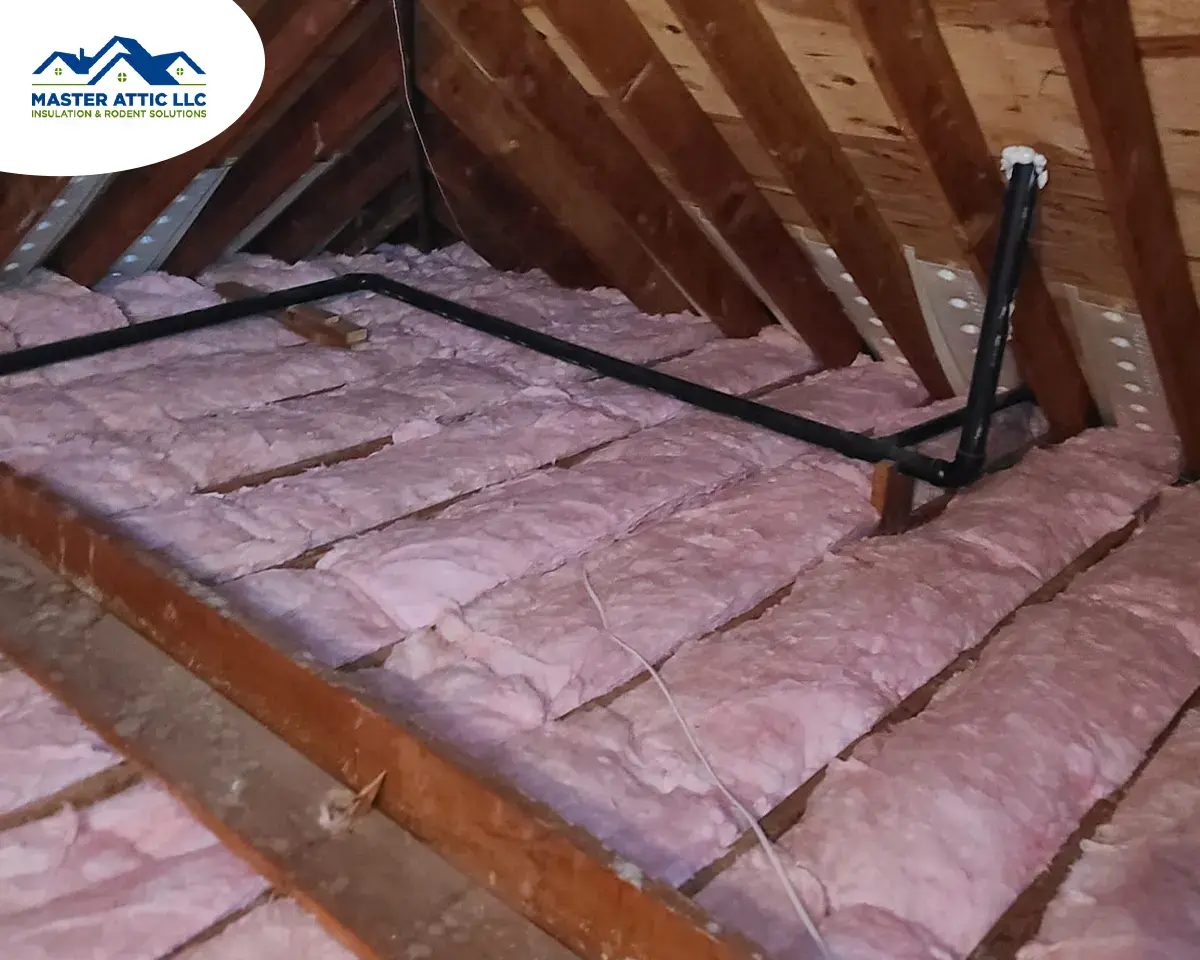 Insulation in attic with HVAC duct for summer cooling solutions.