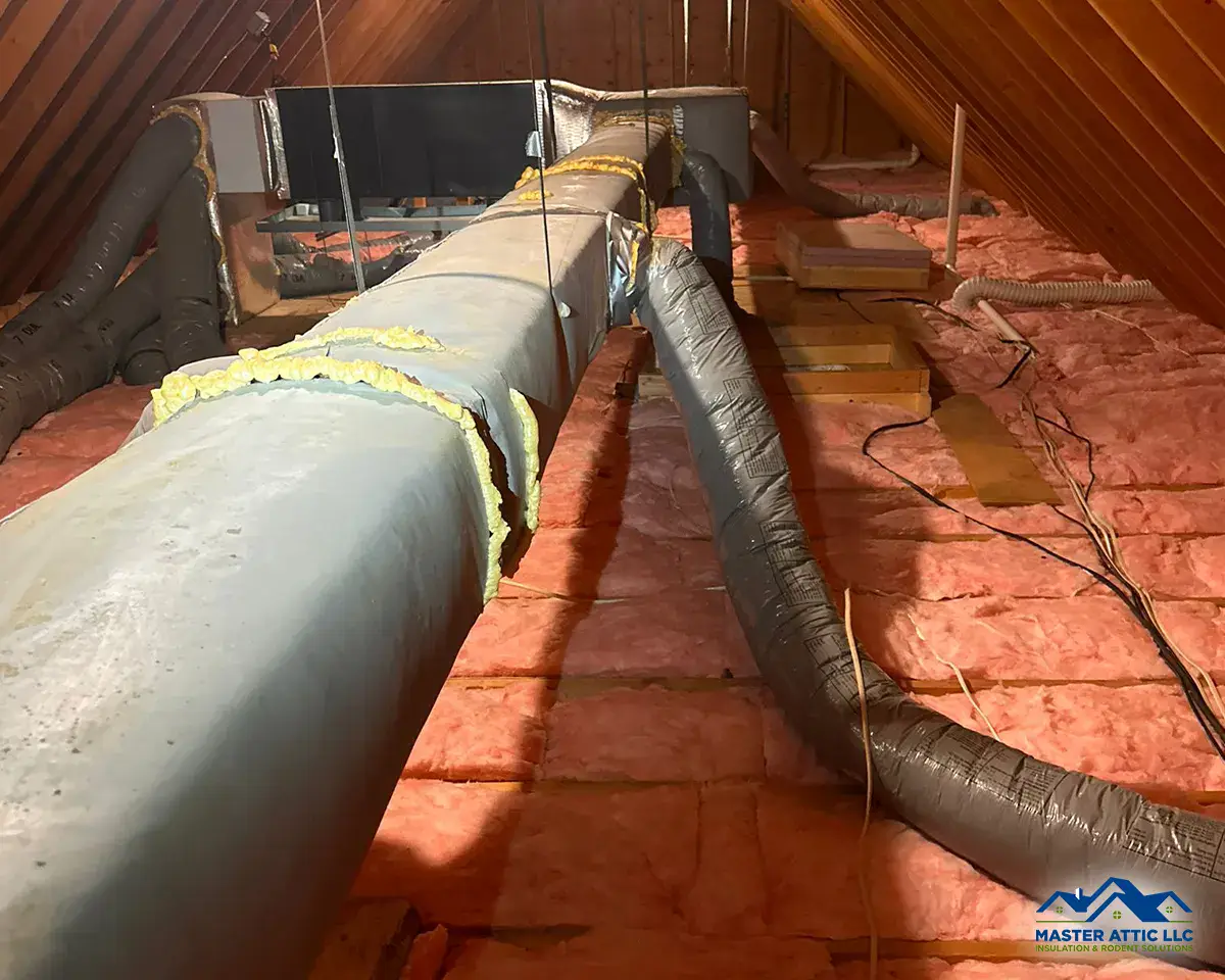 Insulation inspection in attic with ductwork for energy efficiency and home comfort.