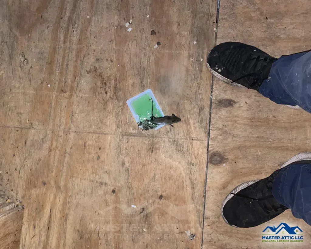 Mice trap on attic floor with shoes and wooden surface, pest control for attic rodent prevention.
