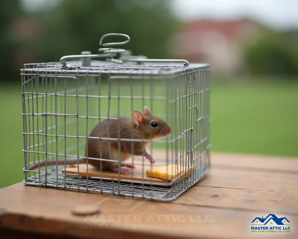 Live mouse trapped in a metal cage for pest control in attic spaces.