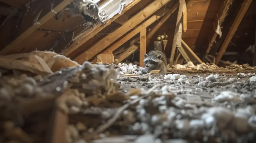 Raccoons in attic insulation, common pest issue, wildlife removal, home protection, Master Attic ser.