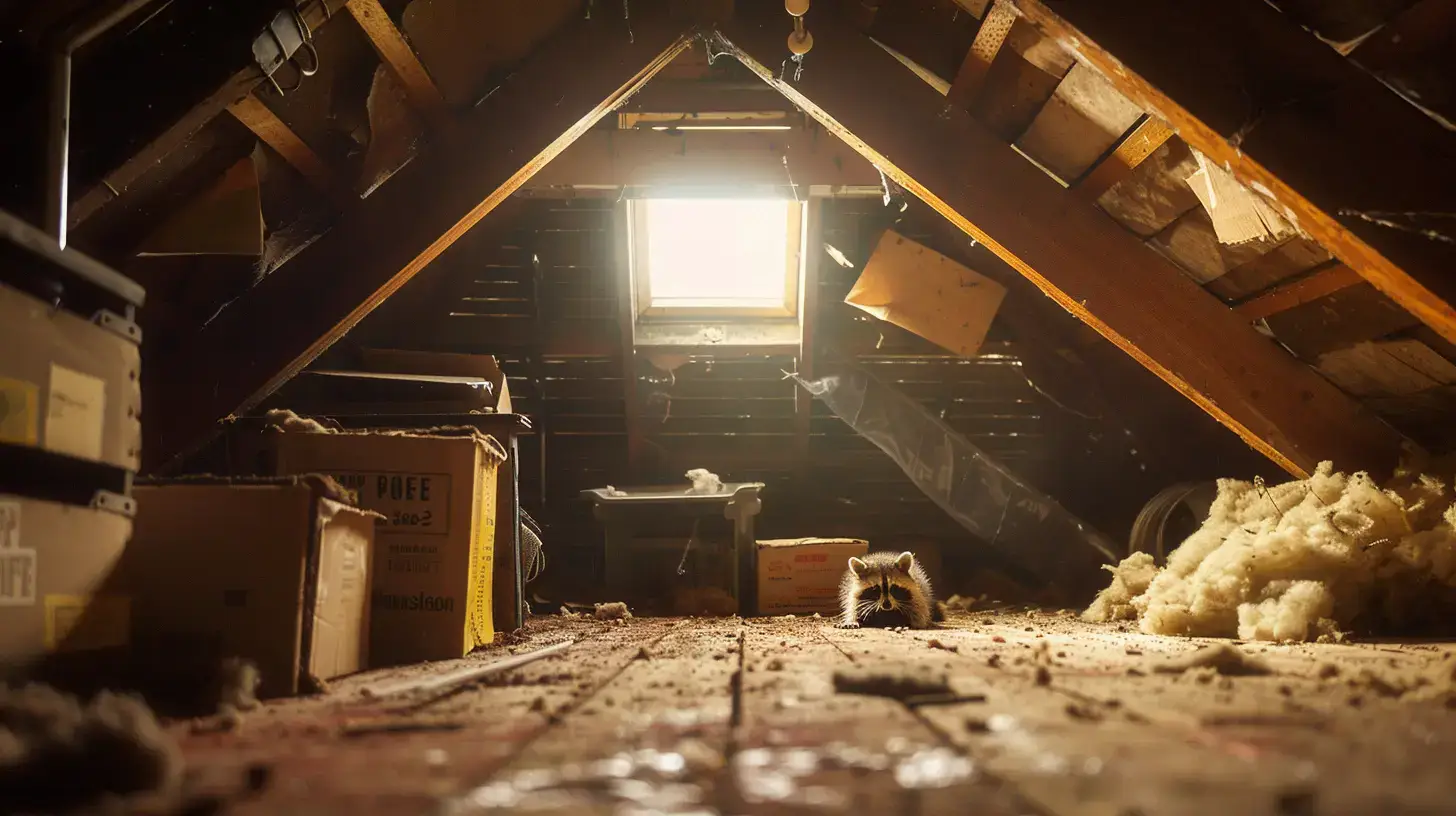 Raccoon inside attic space with insulation and storage boxes, under a small roof window.