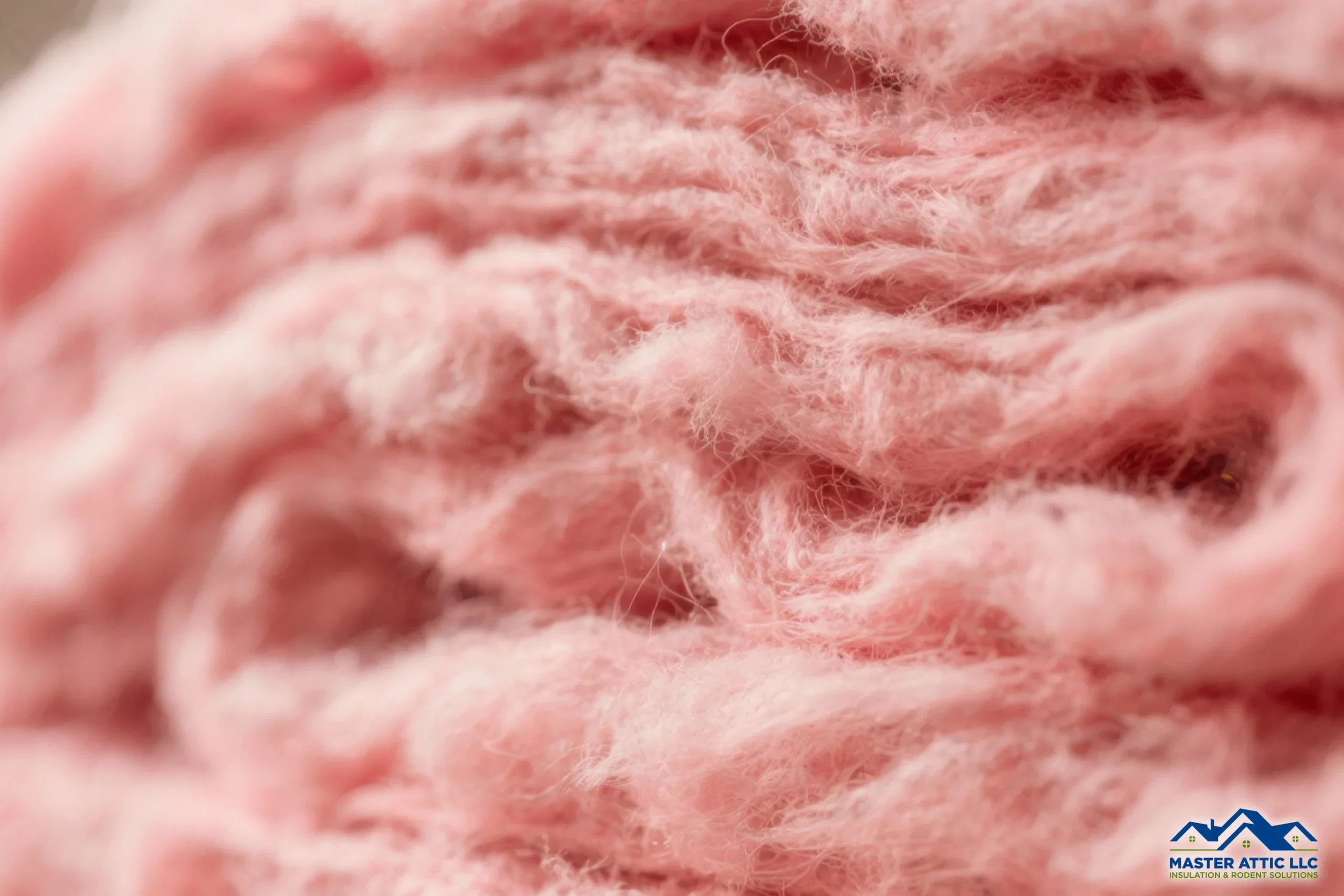 A close-up macro shot of pink fiberglass insulation material fibers.