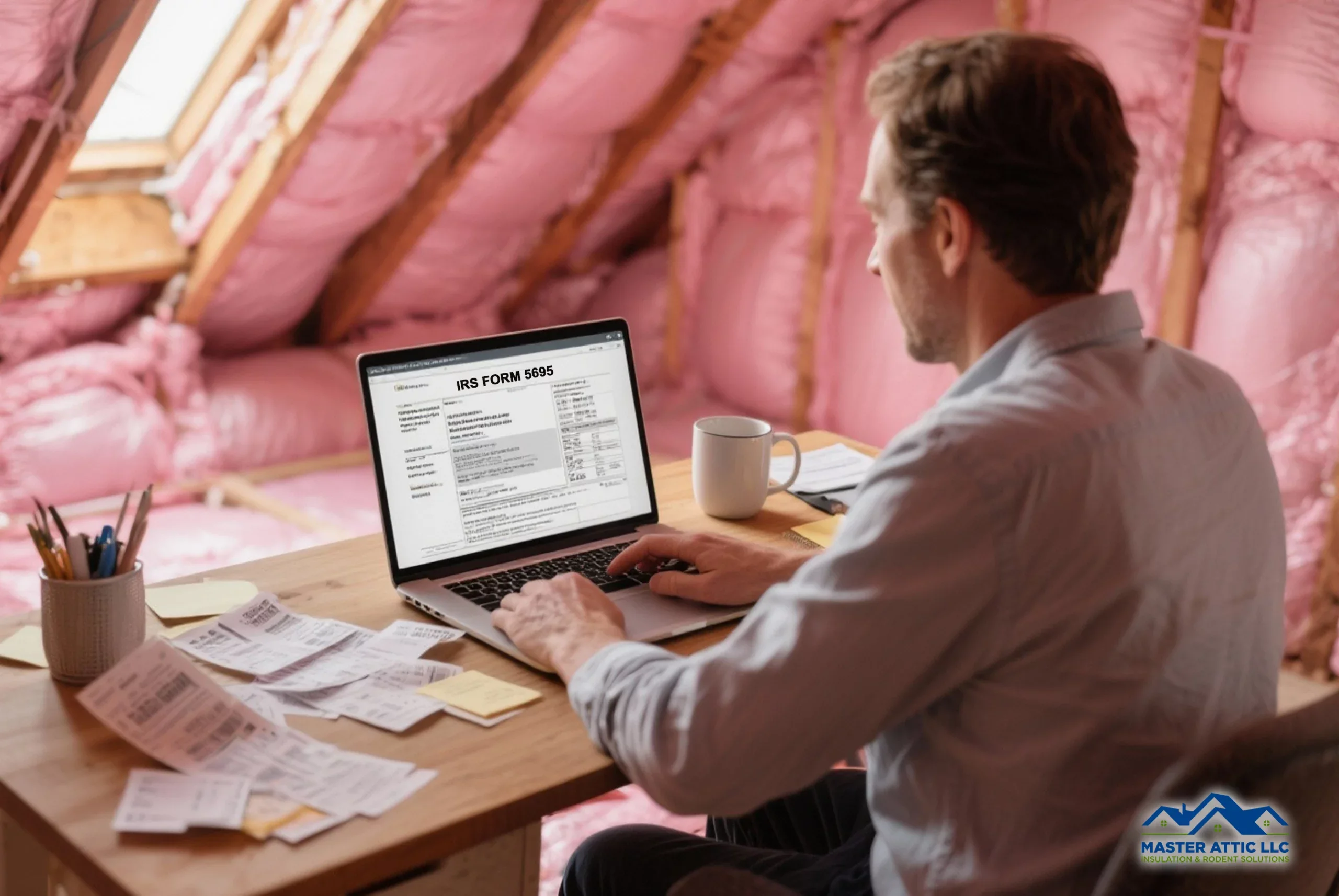 IRS form 1040 on laptop screen in attic workspace with pink insulation.