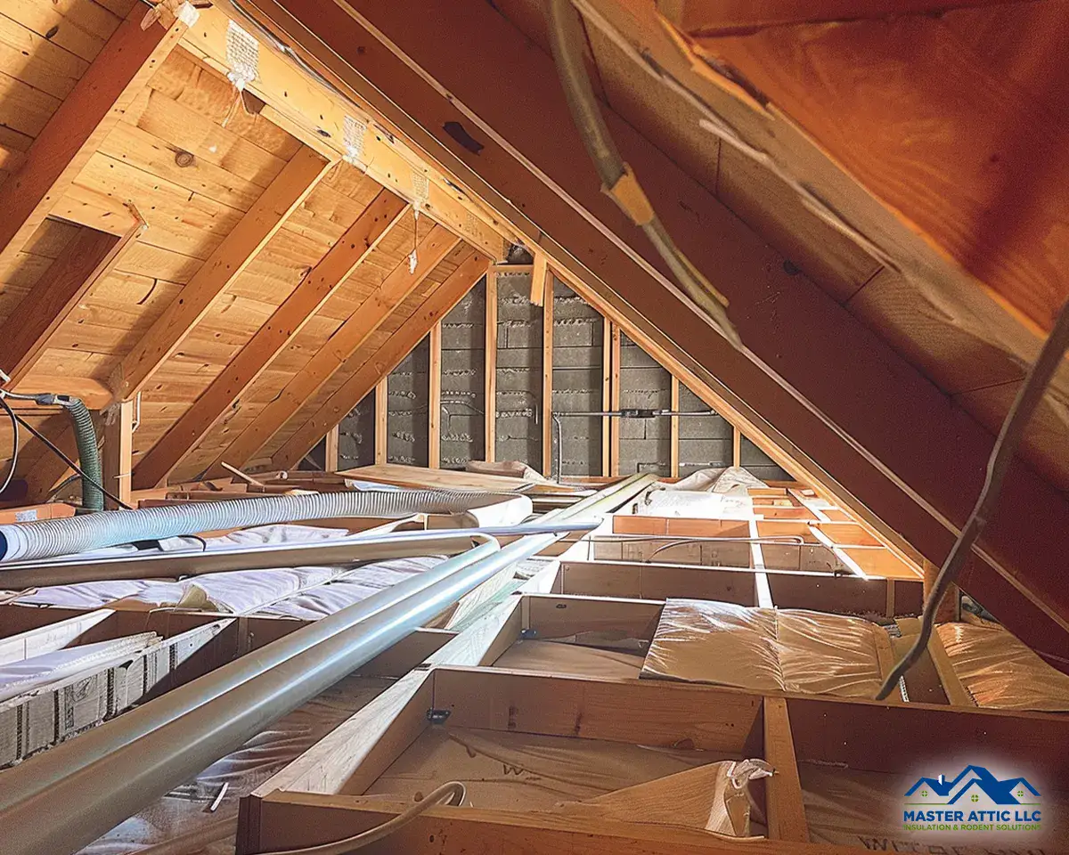 Attic cleanout during springtime renovation with exposed wooden beams and insulation.