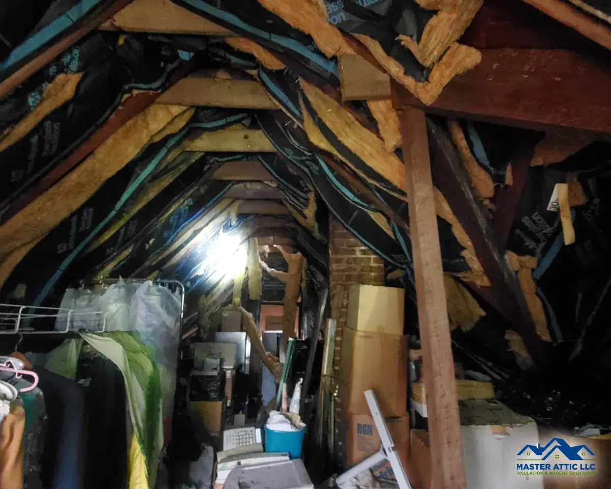 Attic clutter with insulation and storage items, ideal for spring attic cleanouts.