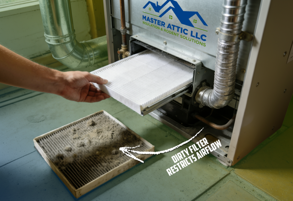 Technician replacing a dirty HVAC air filter next to a clean filter, showing how clogged filters restrict airflow and reduce system efficiency.
