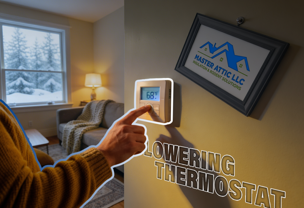 Person adjusting a thermostat in a cozy living rom during winter. Wall sign says Master Attic LLC and text overlay says Lowering Thermostat.