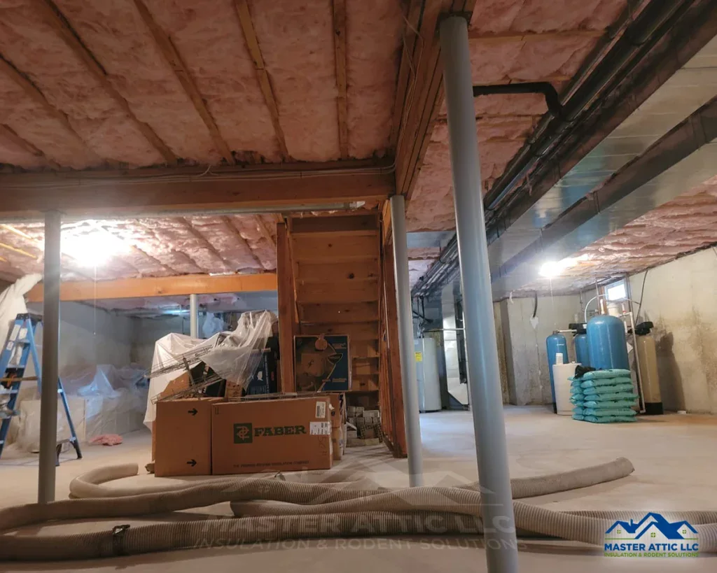 Insulation inspection in a commercial attic space with new foam insulation and support structures.