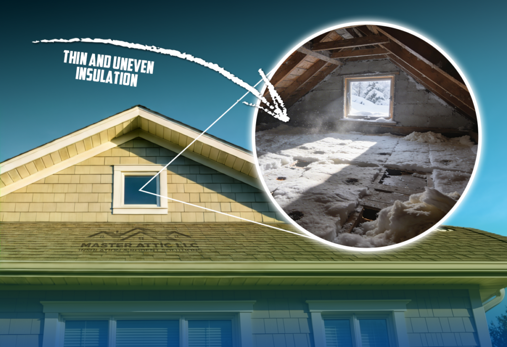 Home exterior with cutaway view of attic showing thin, uneven insulation and exposed areas affecting energy efficiency and comfort.
