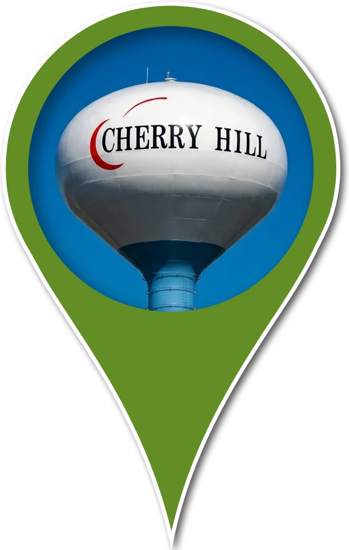 The Cherry Hill water tower inside a green Master Attic map pin