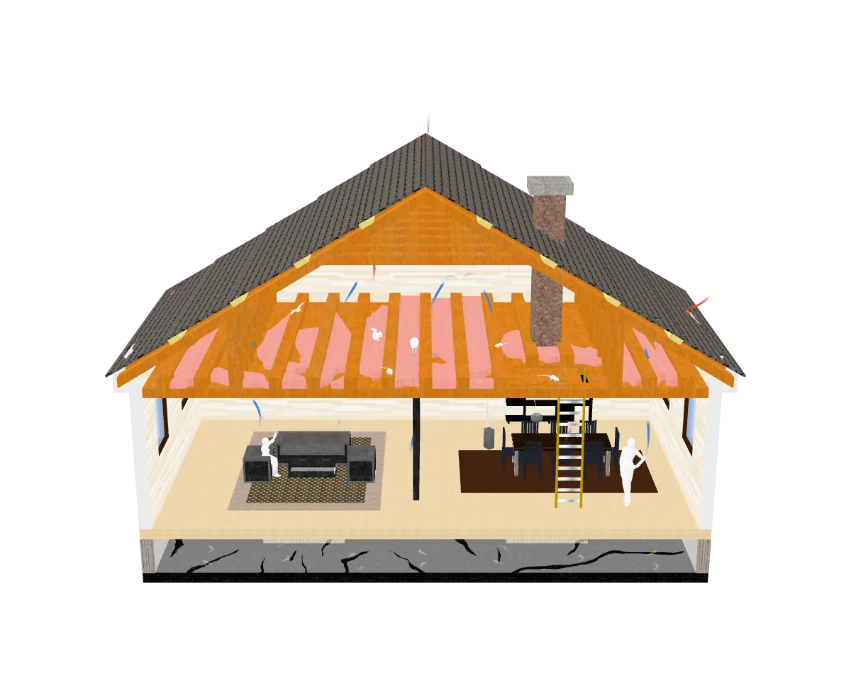 Cutaway of a house showing a damaged attic and a damp crawl space