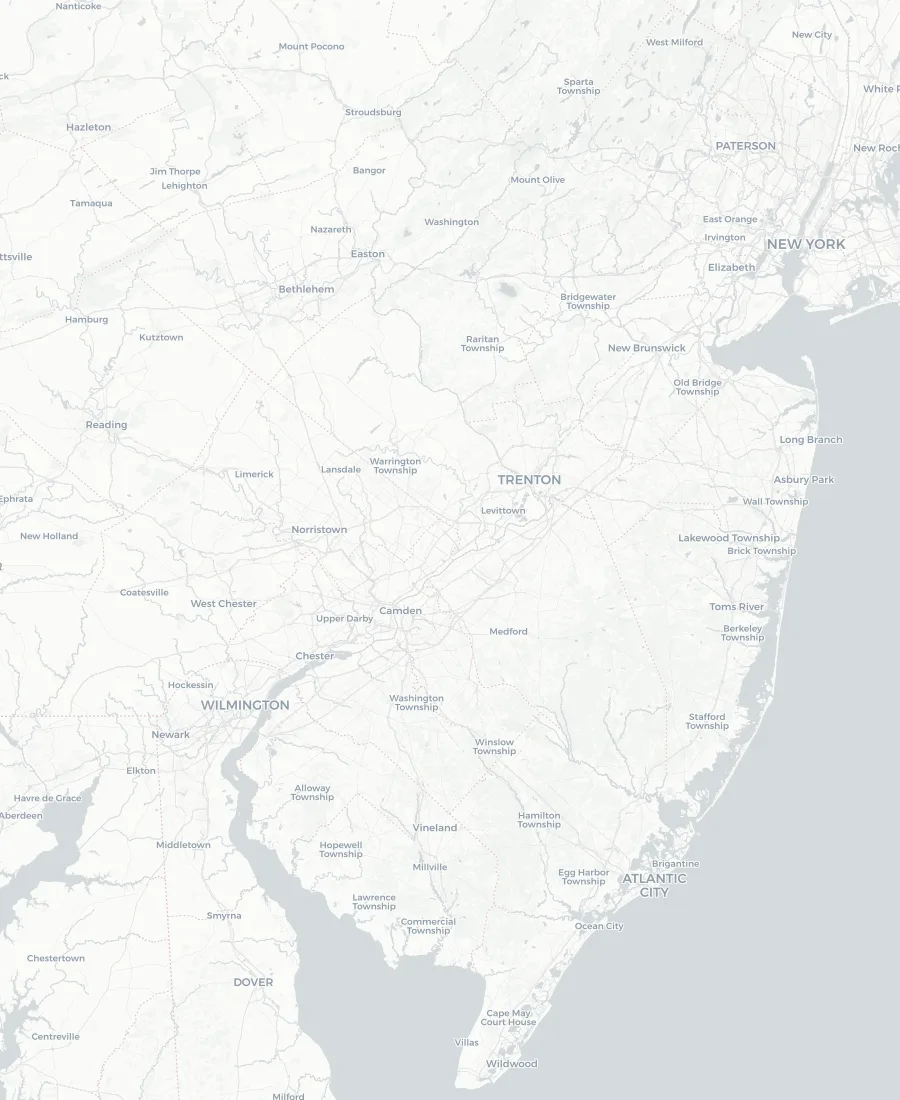 Map of the New Jersey, eastern Pennsylvania and northern Delaware counties Master Attic serves