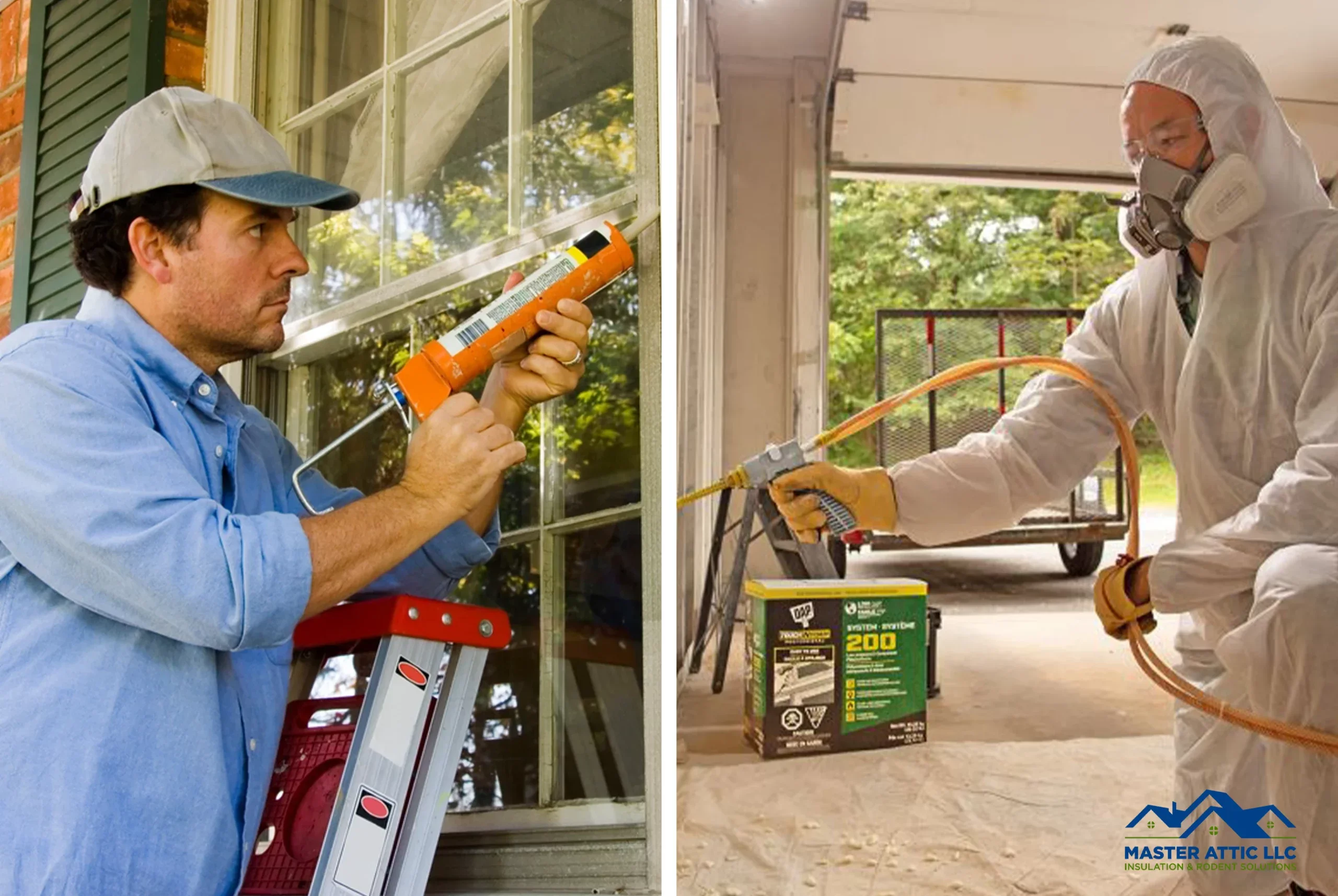 Worker applying expanding foam sealant to gaps in an attic space.