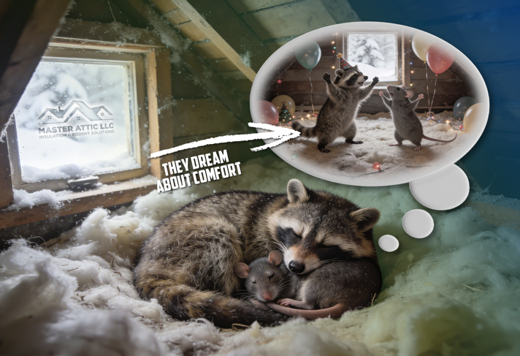 Why Do Animals Like Attics? 2 A raccoon and rat sleeping comfortable in a pile of insulation with image insert of them having a party in the attic with text overlay “They dream about comfort
