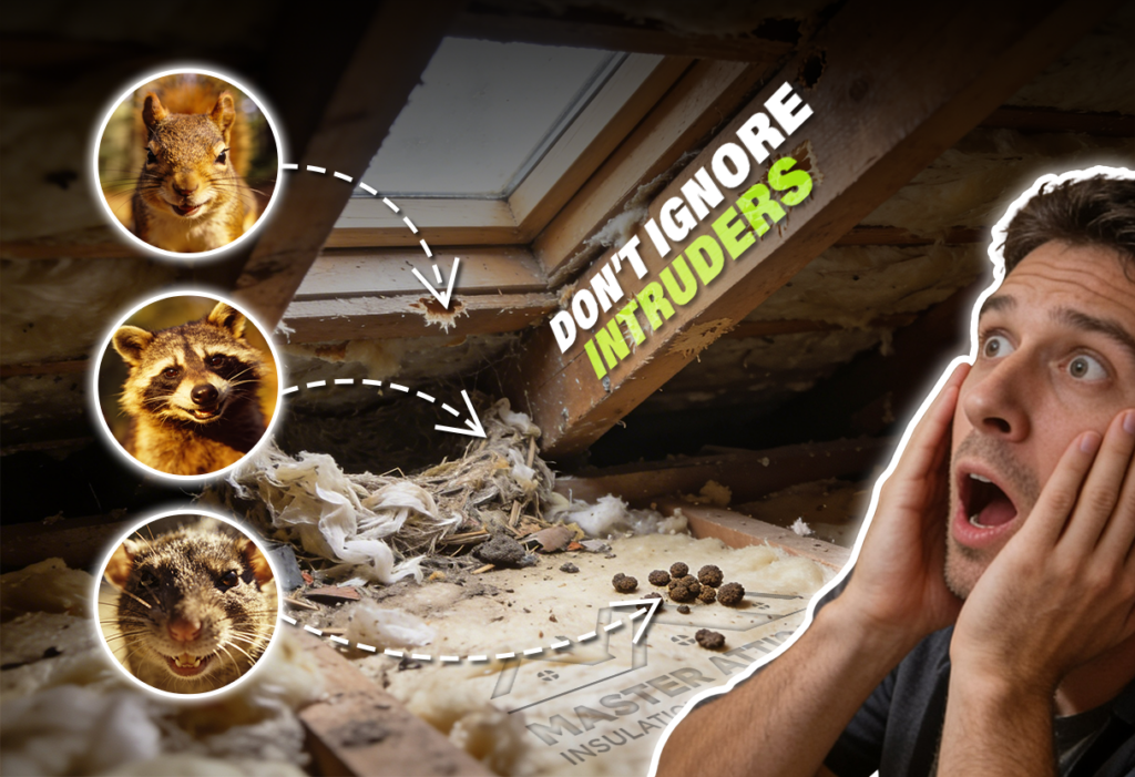 Why Do Animals Like Attics? 3 A man looking shocked with image inserts of a squirrel, raccoon and rat with text overlay “Don’t ignore intruders”
